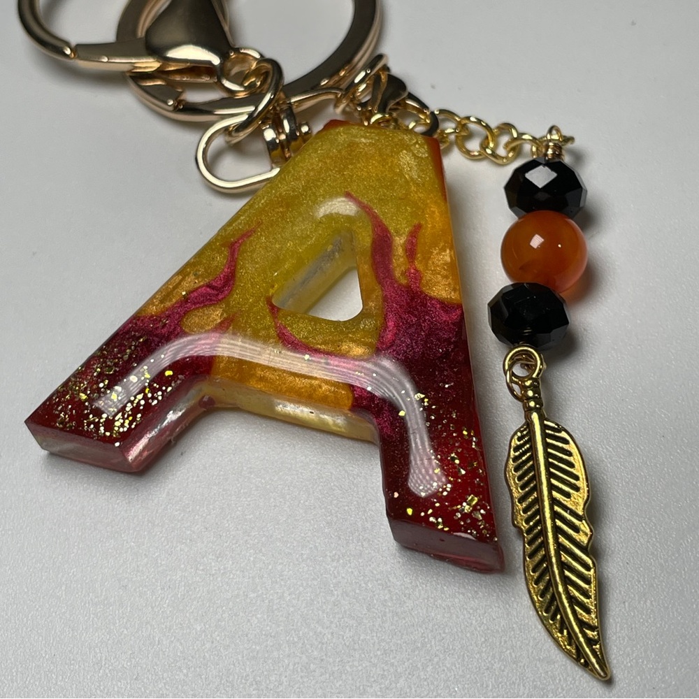 Custom Flaming Letter “A” Keychain with Carnelian Crystal And Gold Feather Charm - Picture 6 of 10